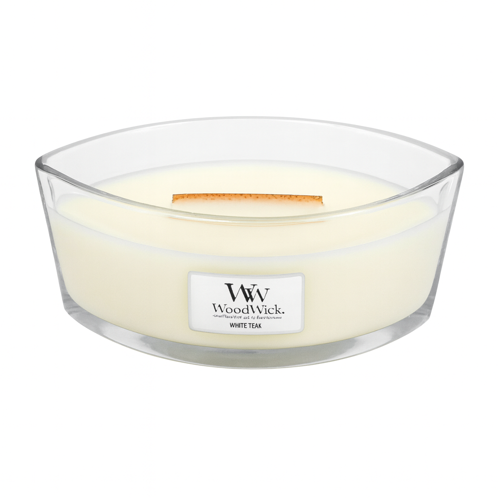 84512ed0-7260-400b-a82a-4532e64c6a15 WoodWick White Teak Ellipse – Luxe geurkaars met knisperend lont - Afbeelding 1
